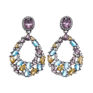Vintage pear-shaped drop earrings with colorful zircon stones and black metal plating