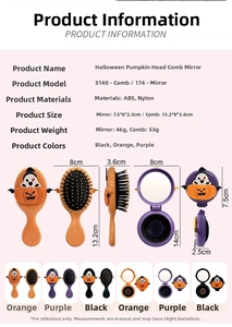 Detailed dimensions and specs for Halloween pumpkin hairbrush and mirror set