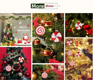 Detail of 10cm red and white striped candy ornaments with festive Merry Christmas stickers