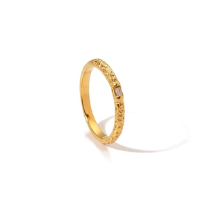 Irregular hammered texture 18K gold plated ring with a square zircon gemstone