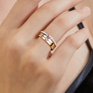 Three-layer heart ring set in gold stainless steel with pink zircon stone for women