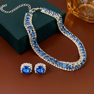 French Light Luxury Blue Rhinestone Zircon Necklace And Earrings With Steel Earring Post Chic Jewelry For Women