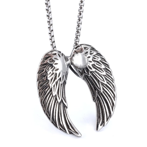 Polished stainless steel angel wing pendant necklace with vintage feather texture