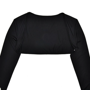 Rear view of black long-sleeved cropped shrug top made of glossy elastic fabric