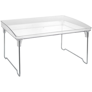 Clear acrylic desktop storage rack with silver metal legs in a minimalist modern style