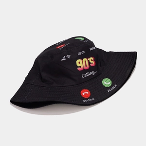 Reversible black bucket hat with vintage 90s calling interface print and cotton canvas fabric