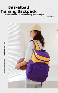 Detail view of purple and yellow sports backpack for basketball training with mesh side pocket
