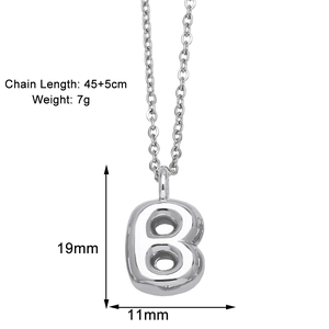 Detail showing the silver letter B pendant necklace with 45+5cm chain length and 7g weight