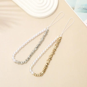 Artificial Pearl Beaded Phone Charm Lanyard Imitation Artificial Pearl Acrylic Irregular Beads Anti-Lost Wrist Strap Elegant Fashion Accessory