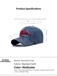 Detailed dimensions of blue vintage washed cotton baseball cap with 3D PC embroidery