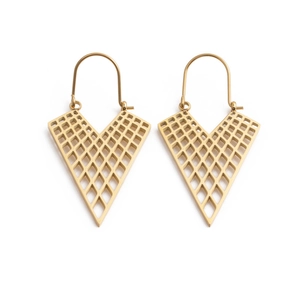 Gold V-shaped earrings with hollow mesh cutout design in polished stainless steel for women