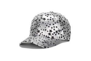Close-up of metallic silver baseball cap featuring an all-over black star pattern texture