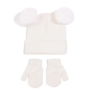 Close-up of baby white knitted beanie with plush pom-poms and matching warm mittens set
