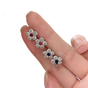 Silver flower stud earrings with zircon red and blue gemstones for elegant women