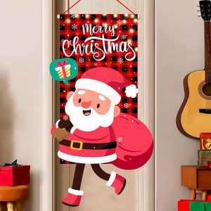 Christmas door banner with Santa Claus on red and black plaid for festive home decor