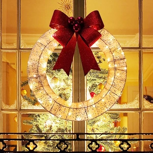 Christmas Wreath With LED Warm Lights Large Glitter Bow Red Berries Metal Frame Door Hanging Festival Decoration