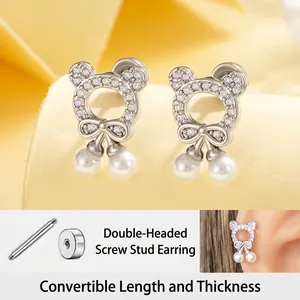 Cute Bear Bow Cartilage Stud Earring Titanium Steel Zircon Artificial Pearl Double Head Screw Helix Piercing Jewelry For Women