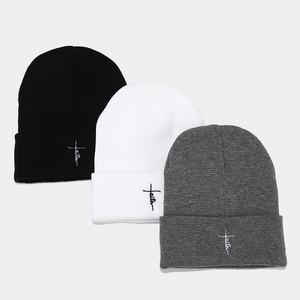 Winter knitted beanies in black white and grey with faith cross embroidery for warmth