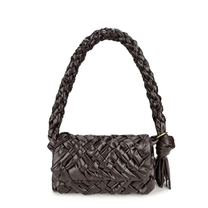 Woven Hobo Bag Oil Wax Cowhide Leather Pleated Knot Tassel Shoulder Handbag Street Style Women
