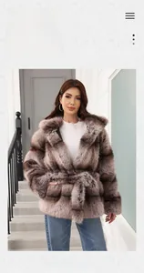 Close-up of brown-gray faux fur coat texture with hooded design and matching waist belt
