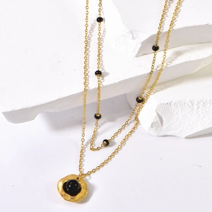 Double Layer Stainless Steel Gold Necklace For Women With Artificial Black Pearl Irregular Round Pendant Fashion Jewelry