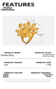 Spécifications de taille détaillées pour une bague tournesol réglable en acier doré