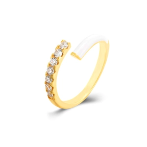 Double-layer gold copper ring with micro-set zircons and white enamel finish