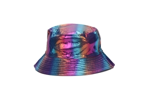 Detail of reflective holographic bucket hat with colorful gradient metallic finish
