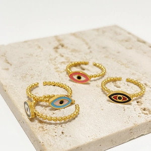 Böhmische Evil Eye Ringe mit bunter Emaille-Tropföl-Optik und vergoldetem Finish