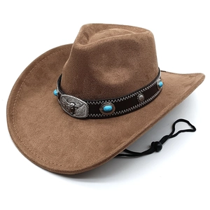 Brown western cowboy hat with metal bull head and turquoise beads on wide brim