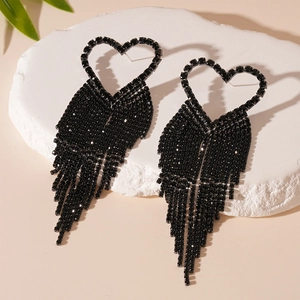 Heart Shaped Black Rhinestone Long Tassel Dangle Earrings With Silver Earring Post Copper Dark Style Jewelry Women