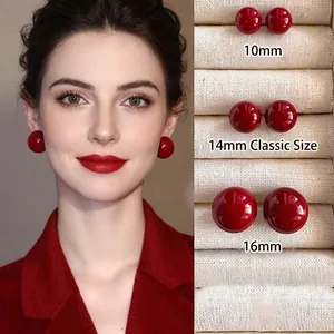 Retro Glossy Round Ball Stud Earrings With 925 Sterling Silver Earring Post Red Enamel Minimalist Jewelry For Women