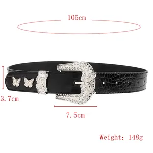 Vintage crocodile embossed leather belt with rhinestone butterfly buckle and 105cm length