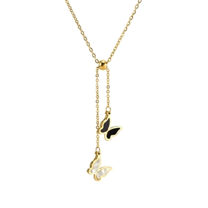 Gold titanium necklace with black and white shell butterfly pendants and adjustable chain
