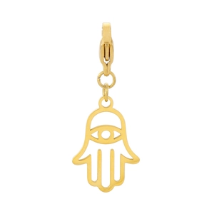Détail du pendentif Main de Fatma dorée avec design coeur ajouré et fermoir à ressort