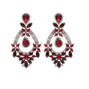 Elegant silver needle drop earrings with red oval crystals and sparkling diamond accents