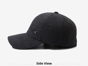 Side view of dark charcoal wool baseball cap with metallic K logo detail