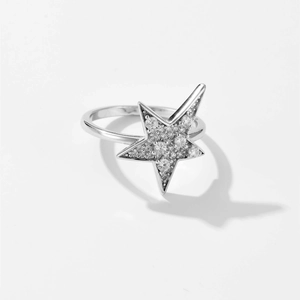 Polished S925 sterling silver pentagram star ring with sparkling crystal pavé setting