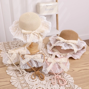Girls Straw Hat And Lace Bow Bag Sun Protection Sweet Floral Outdoor Toddler Summer Accessory Breathable