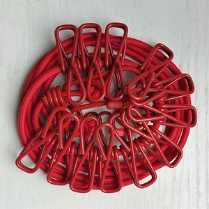 Detail of red windproof elastic clothesline with 12 clips on white wood background