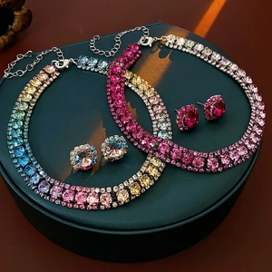 Copper Rhinestone Jewelry Necklace And Earrings For Women Luxury Elegant Gradient Shiny Wedding Party Accessories