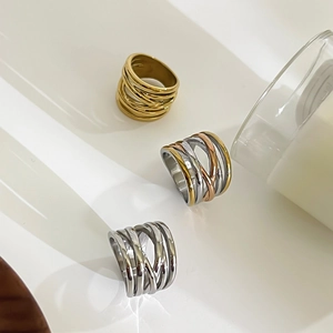 Polished stainless steel multi-layer intertwined cross rings in gold, silver and tri-color