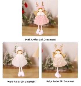 Detailed view of plush angel dolls with sequin tulle skirts and glitter antlers
