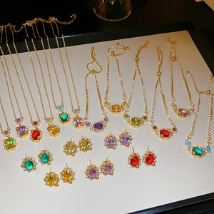 Detailed view of 18k gold plated jewelry set with vibrant multi-colored oval gemstones