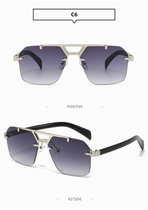 Front and side views of silver frameless sunglasses with gradient lenses and double bridge