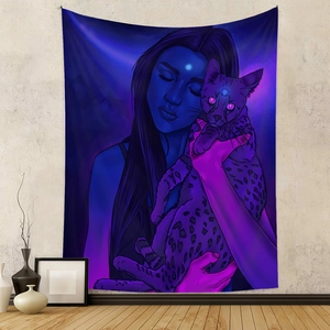Detail of artistic wall tapestry featuring neon female figure and leopard print wild cat