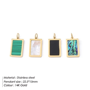 Detail of rectangular 14K gold plated stainless steel pendants with natural shell inlay