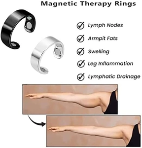 Detail of adjustable magnetic therapy rings in black and silver for lymphatic drainage