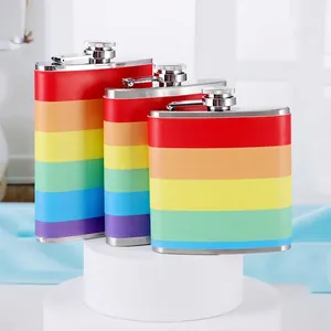 Portable Stainless Steel Hip Flask With Rainbow PU Leather Wrap Leakproof Screw Cap For Outdoor Travel Barware
