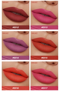 Lip swatches of six matte velvet liquid lipsticks ranging from deep brick red to cool pink